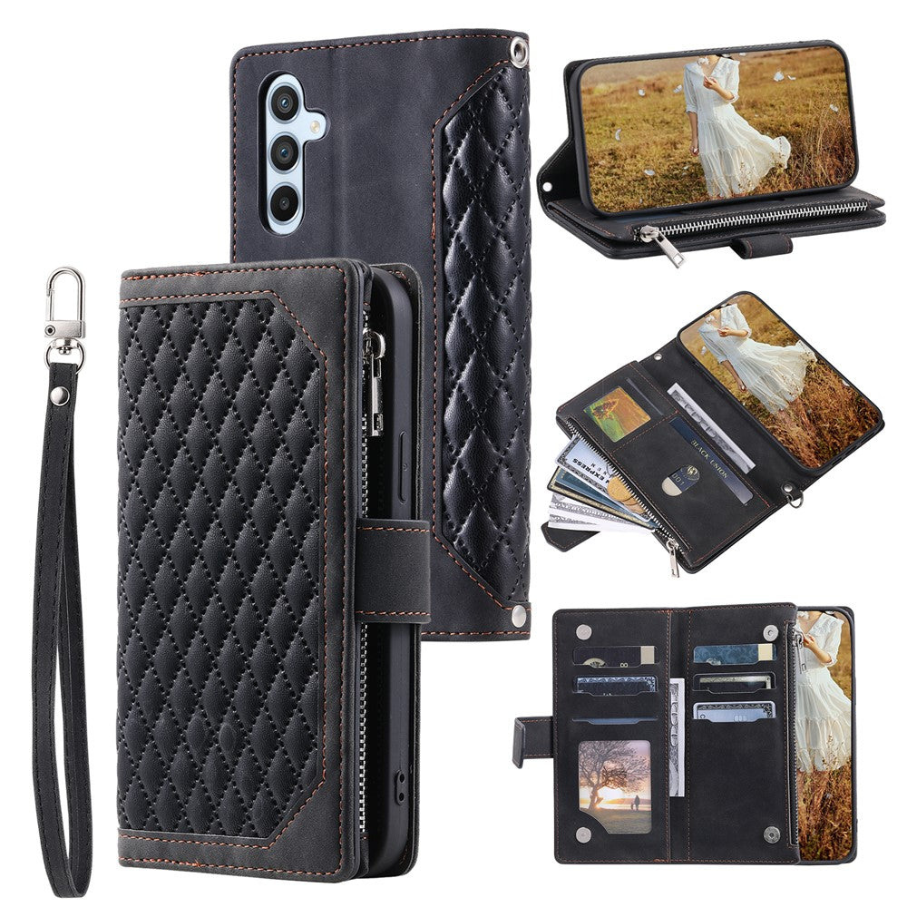 For Samsung Galaxy A27 5G Wallet Case Rhombus Stitching Line PU Leather Phone Cover with Wrist Strap
