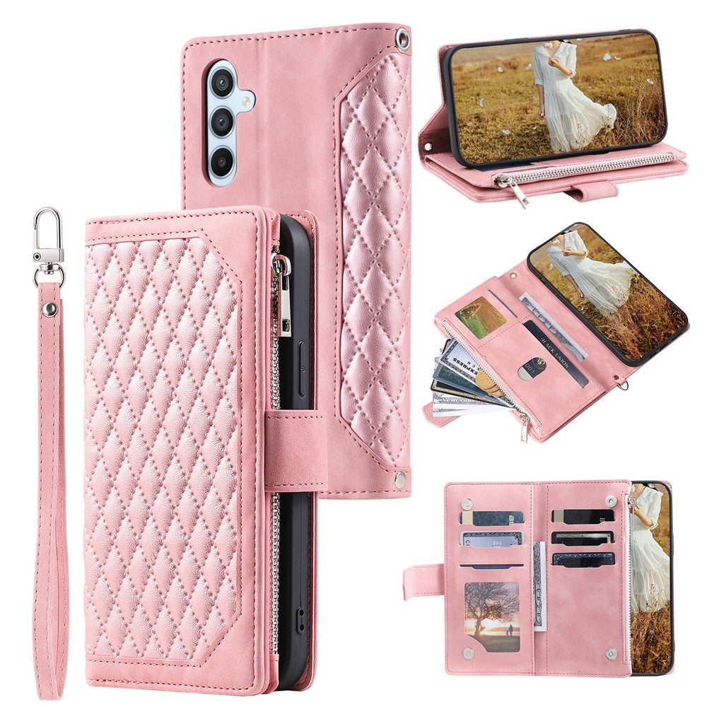 For Samsung Galaxy A27 5G Wallet Case Rhombus Stitching Line PU Leather Phone Cover with Wrist Strap