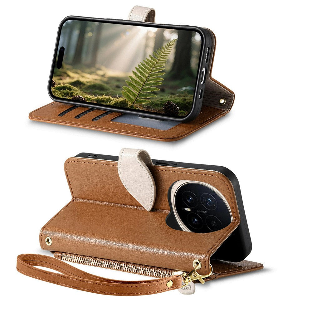 For Honor Magic8 5G Stand Case Leaf Shape Magnetic Clasp Leather Phone Cover with Hand Strap
