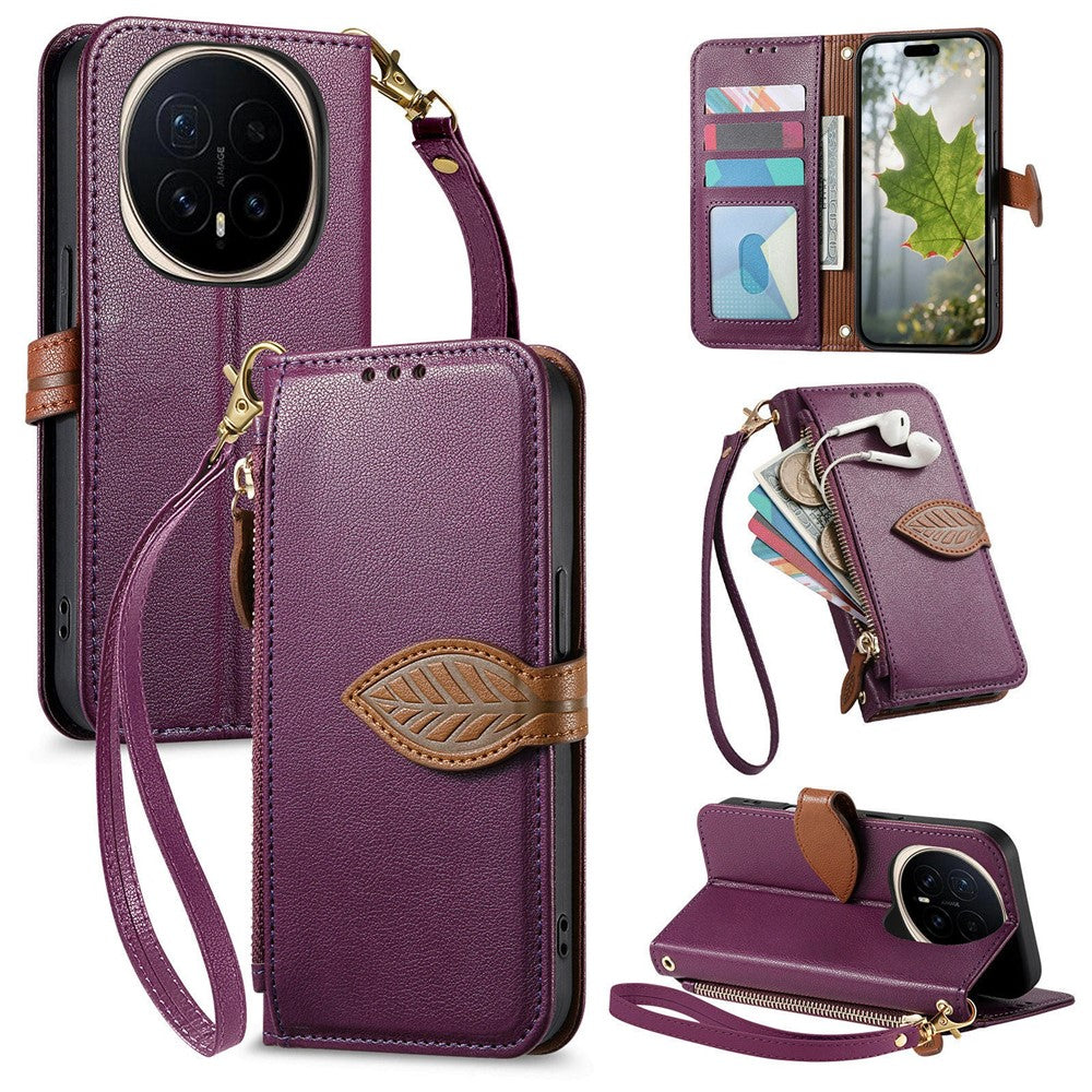 For Honor Magic8 5G Stand Case Leaf Shape Magnetic Clasp Leather Phone Cover with Hand Strap