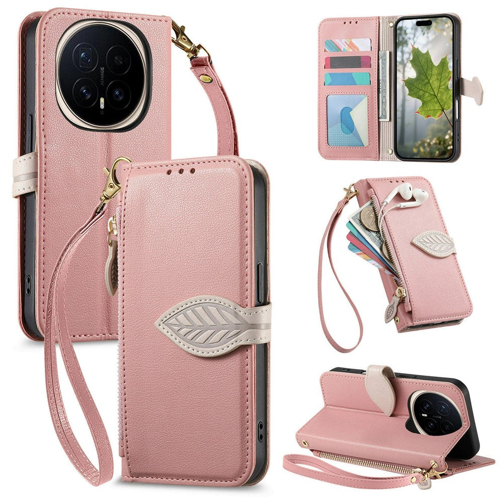 For Honor Magic8 5G Stand Case Leaf Shape Magnetic Clasp Leather Phone Cover with Hand Strap