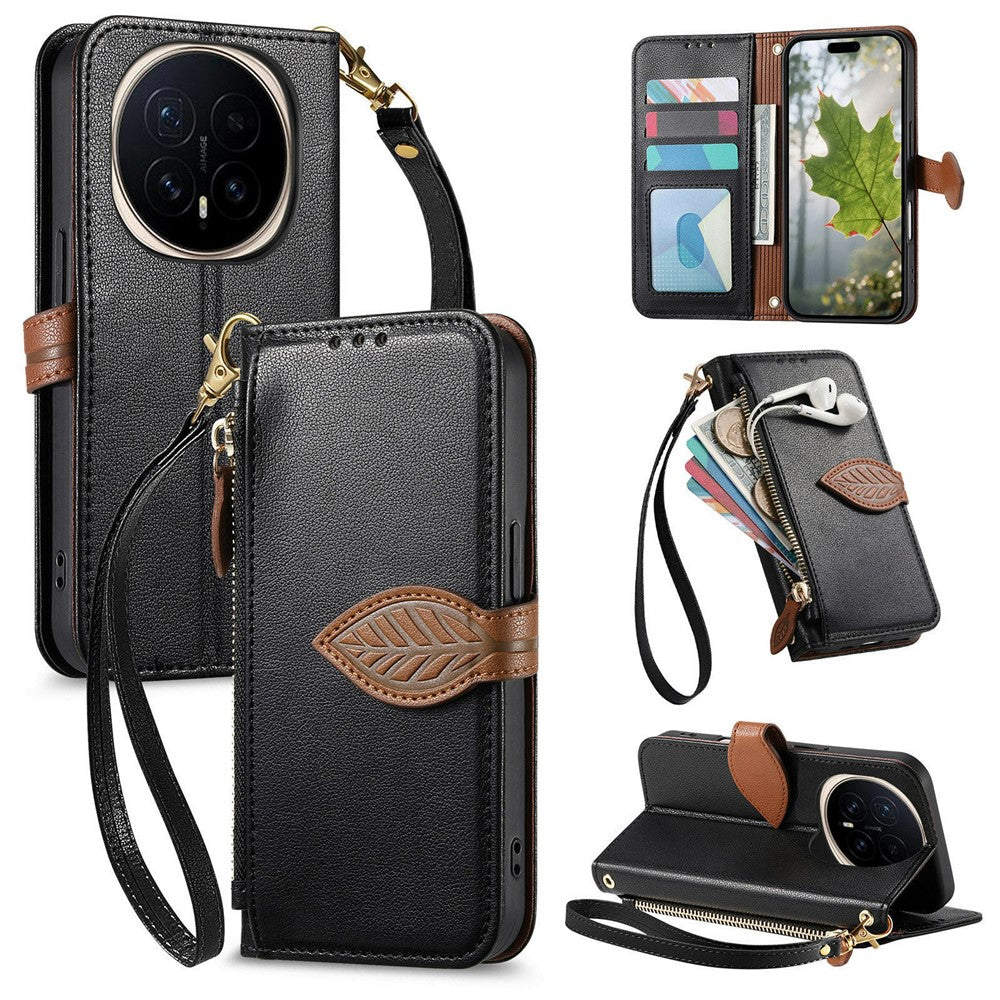 For Honor Magic8 5G Stand Case Leaf Shape Magnetic Clasp Leather Phone Cover with Hand Strap