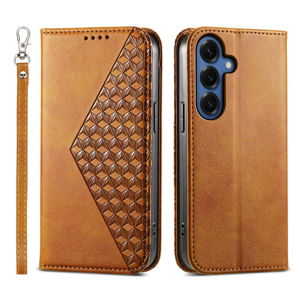 For Samsung Galaxy S26 Case Calf Texture PU Leather Wallet Phone Cover with Wrist Strap