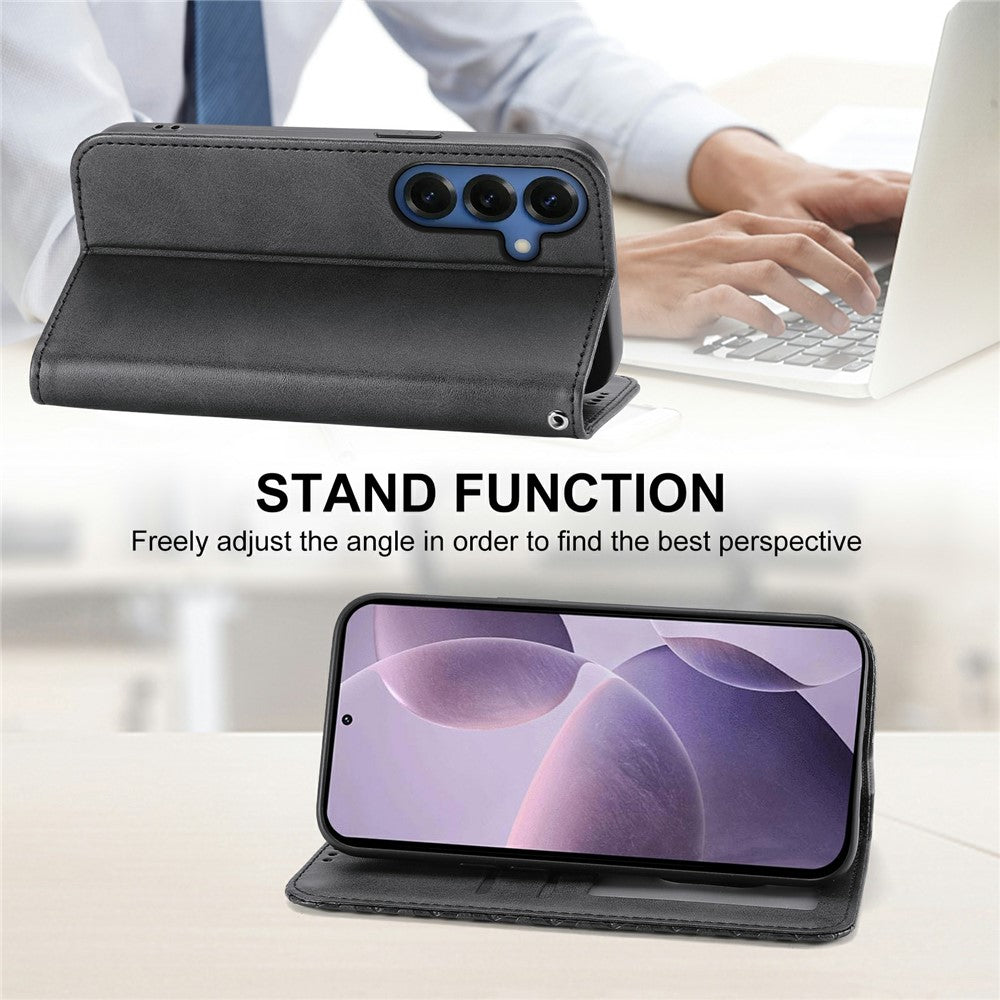For Samsung Galaxy S26+ Case Calf Texture PU Leather Wallet Phone Cover with Wrist Strap