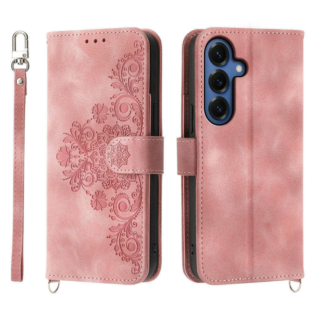 For Samsung Galaxy S26 Case Flower Pattern PU Leather Wallet Phone Cover with Strap