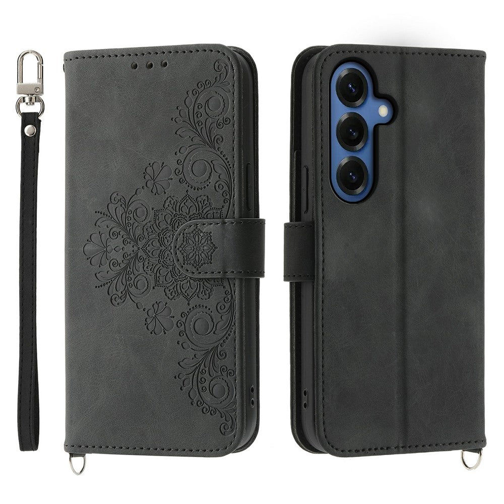 For Samsung Galaxy S26+ Case Flower Pattern PU Leather Wallet Phone Cover with Strap