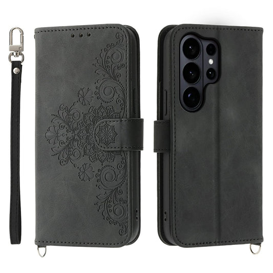 Galaxy S26 Ultra Handyhülle – Blumenmuster PU-Leder-Geldbörsen- mit Riemen