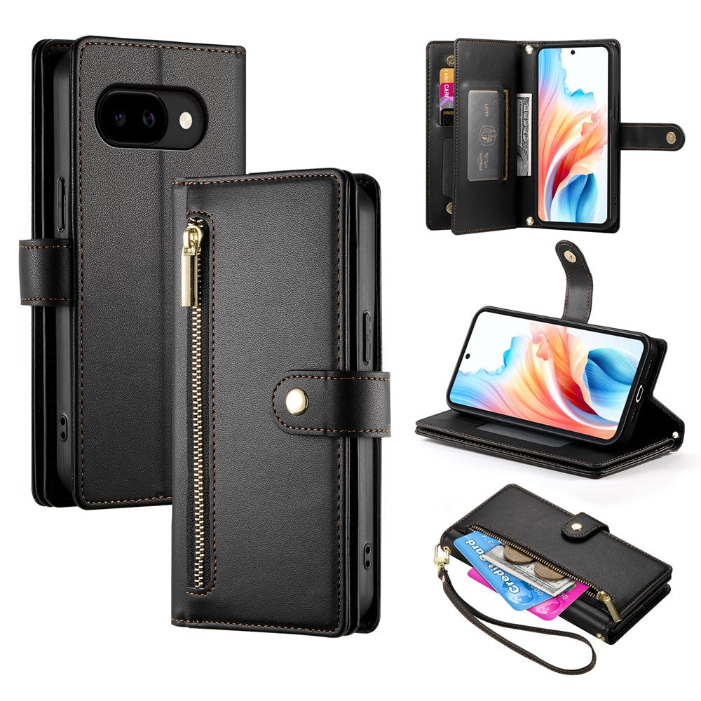 For Google Pixel 10a Case Zipper Pocket Wallet Leather Phone Cover with Straps