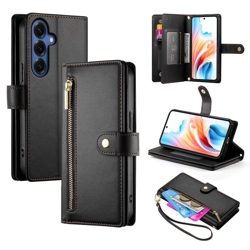 For Samsung Galaxy S26 Case Zipper Pocket Wallet Leather Phone Cover with Straps