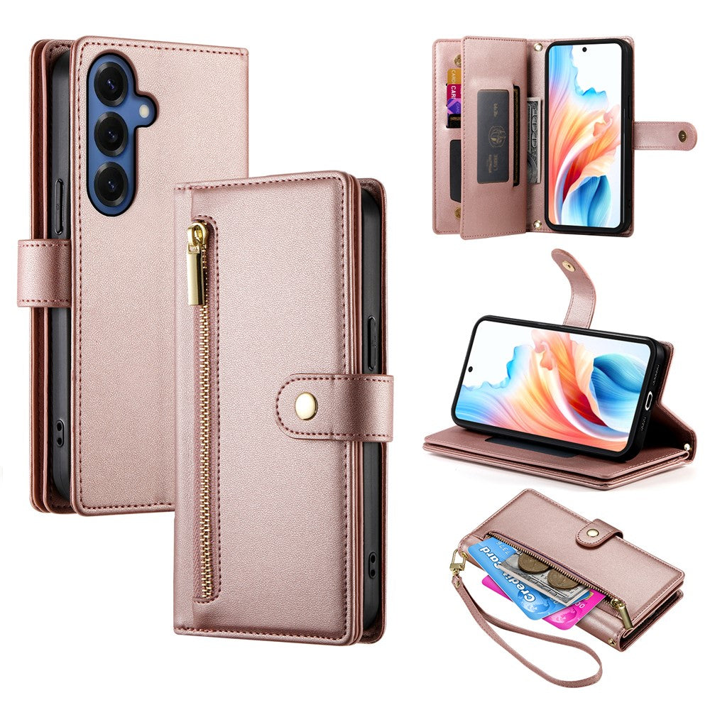 For Samsung Galaxy S26 Case Zipper Pocket Wallet Leather Phone Cover with Straps