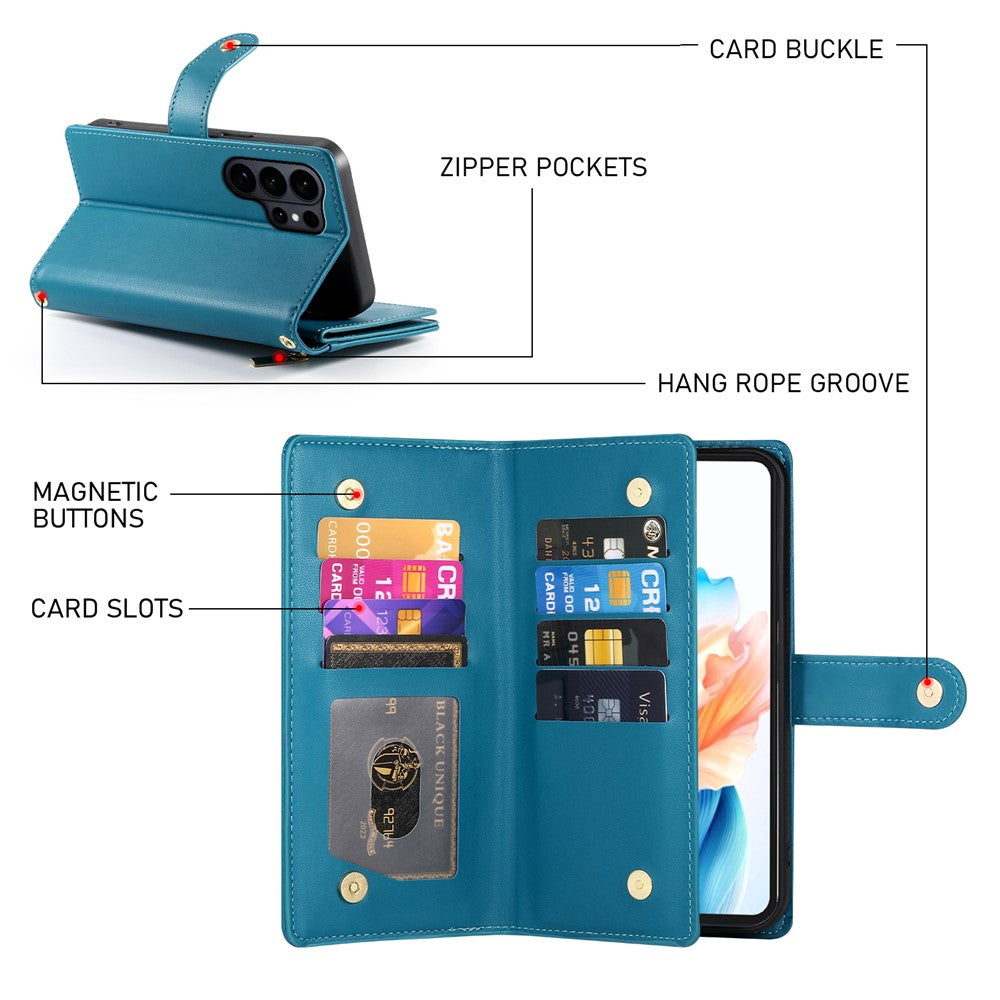 For Samsung Galaxy S26 Ultra Case Zipper Pocket Wallet Leather Phone Cover with Straps