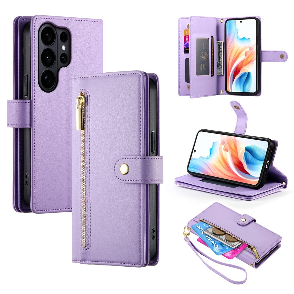 For Samsung Galaxy S26 Ultra Case Zipper Pocket Wallet Leather Phone Cover with Straps