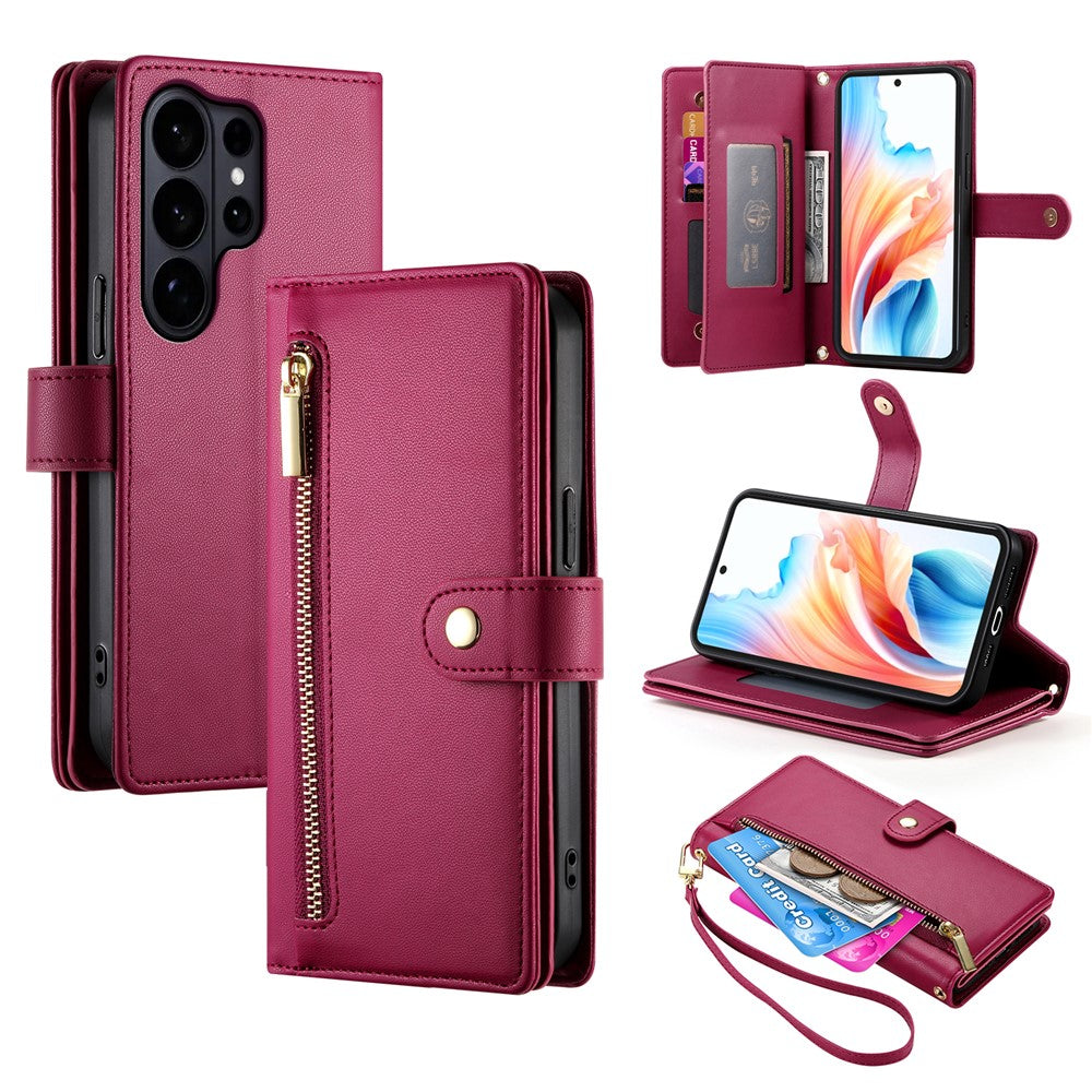 For Samsung Galaxy S26 Ultra Case Zipper Pocket Wallet Leather Phone Cover with Straps