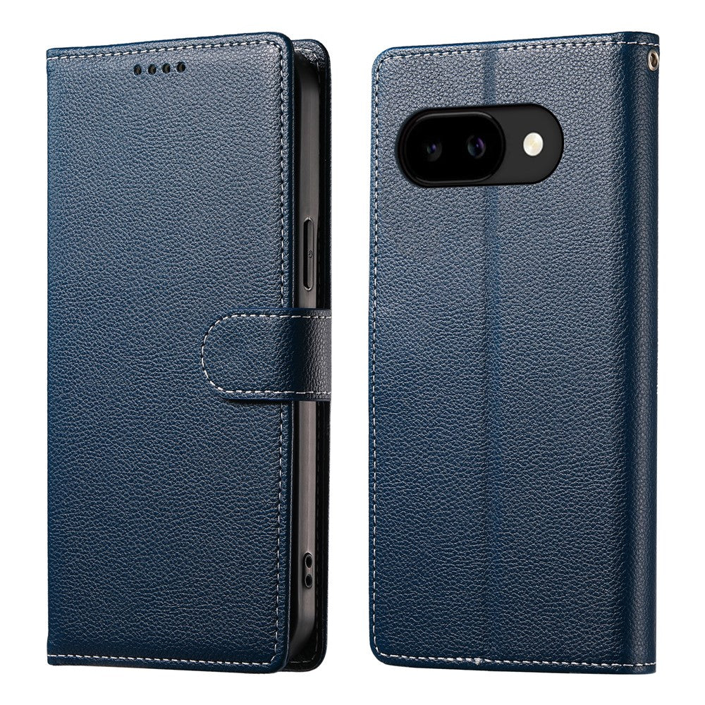 For Google Pixel 10a Case Magnetic Snap Litchi Texture Leather Wallet Phone Cover with Wrist Strap