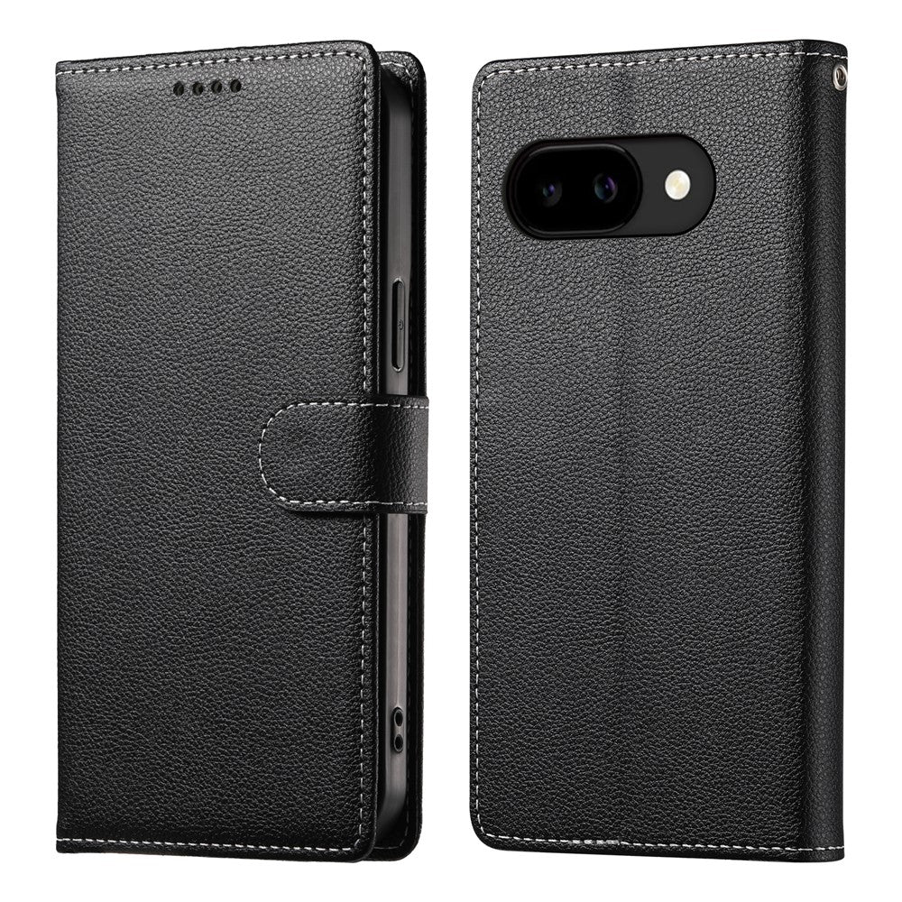 For Google Pixel 10a Case Magnetic Snap Litchi Texture Leather Wallet Phone Cover with Wrist Strap