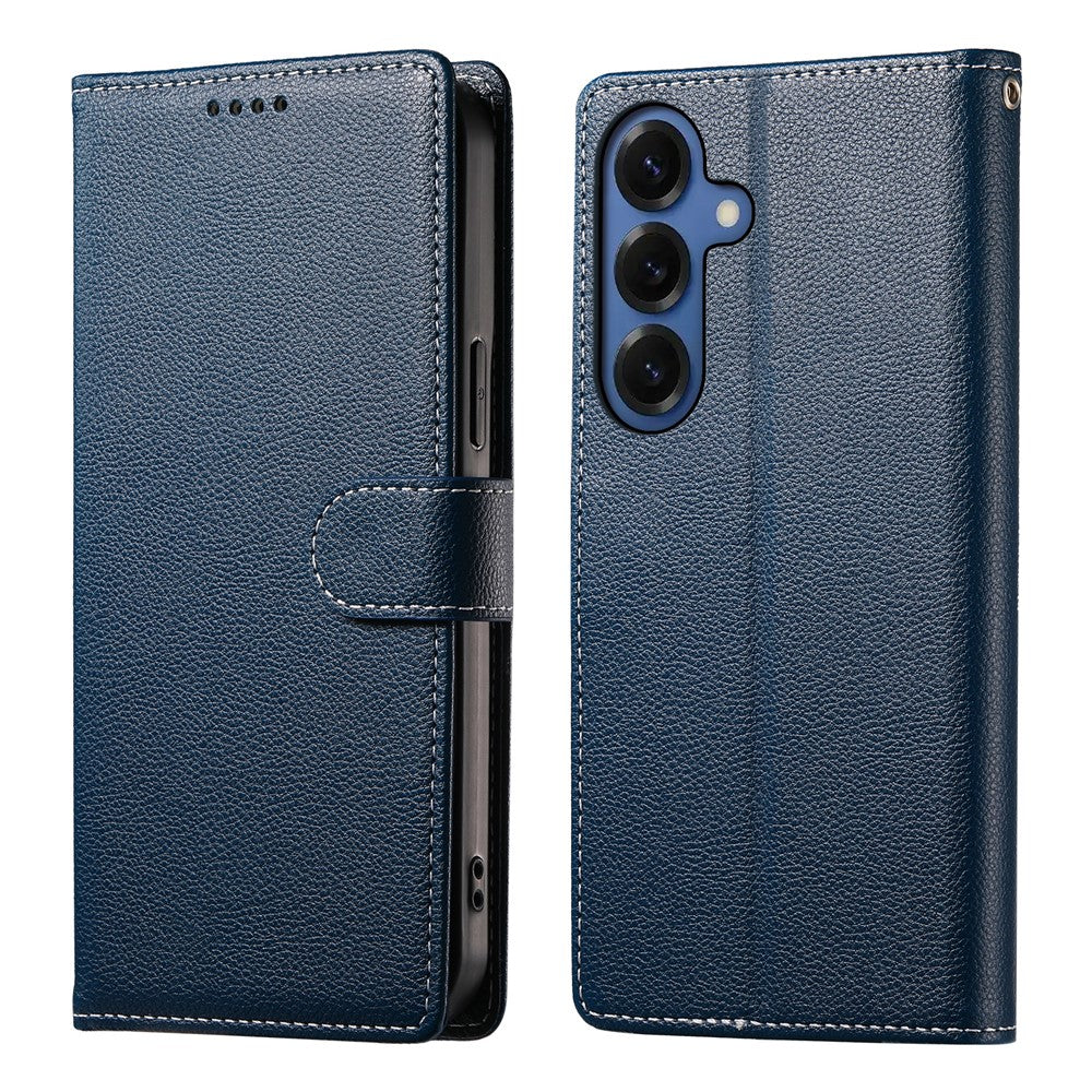 For Samsung Galaxy S26 Case Magnetic Snap Litchi Texture Leather Wallet Phone Cover with Wrist Strap
