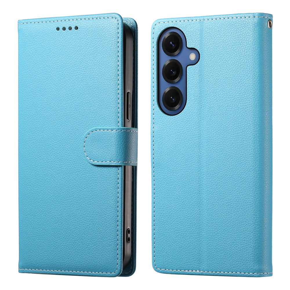 For Samsung Galaxy S26 Case Magnetic Snap Litchi Texture Leather Wallet Phone Cover with Wrist Strap