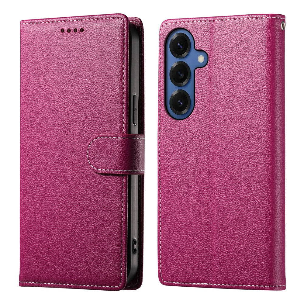 For Samsung Galaxy S26 Case Magnetic Snap Litchi Texture Leather Wallet Phone Cover with Wrist Strap