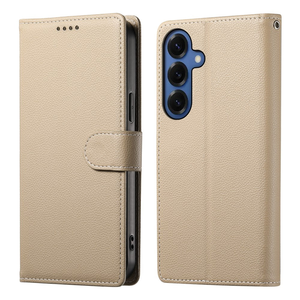 For Samsung Galaxy S26 Case Magnetic Snap Litchi Texture Leather Wallet Phone Cover with Wrist Strap