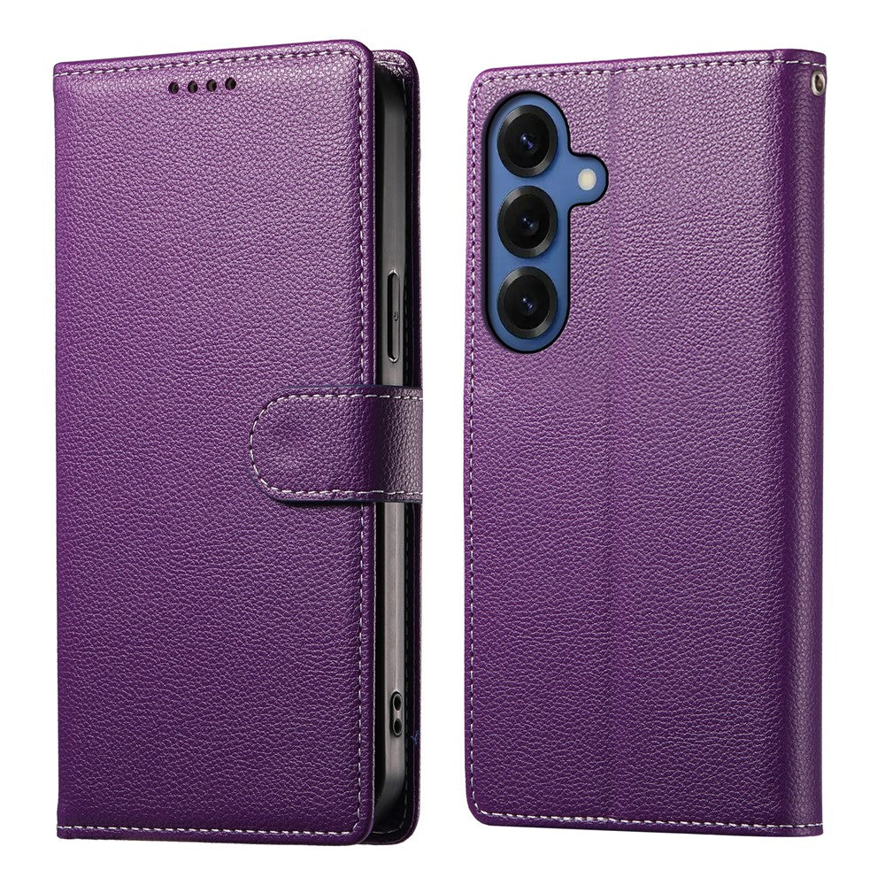 For Samsung Galaxy S26 Case Magnetic Snap Litchi Texture Leather Wallet Phone Cover with Wrist Strap