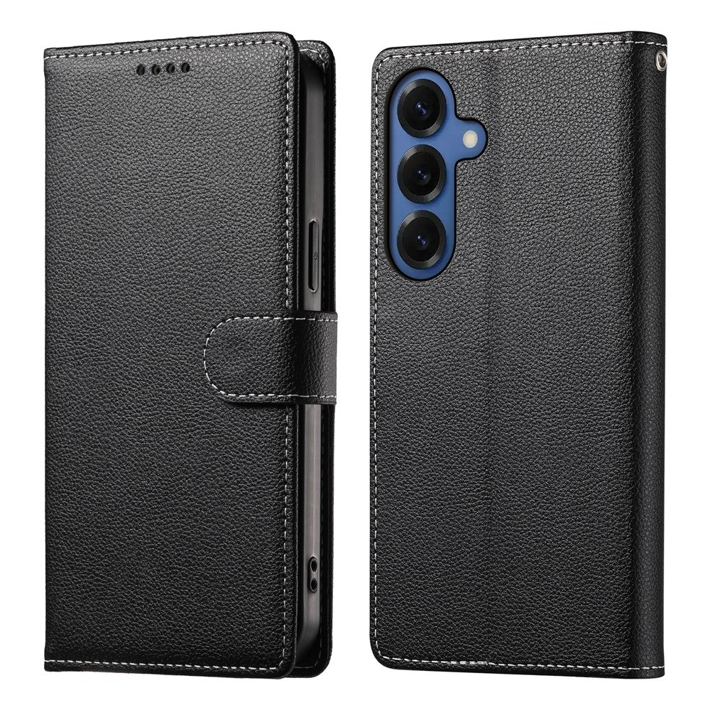 For Samsung Galaxy S26+ Case Magnetic Snap Litchi Texture Leather Wallet Phone Cover with Wrist Strap