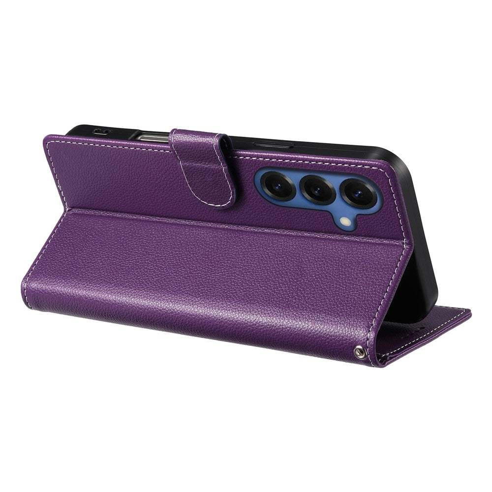 For Samsung Galaxy S26+ Case Magnetic Snap Litchi Texture Leather Wallet Phone Cover with Wrist Strap