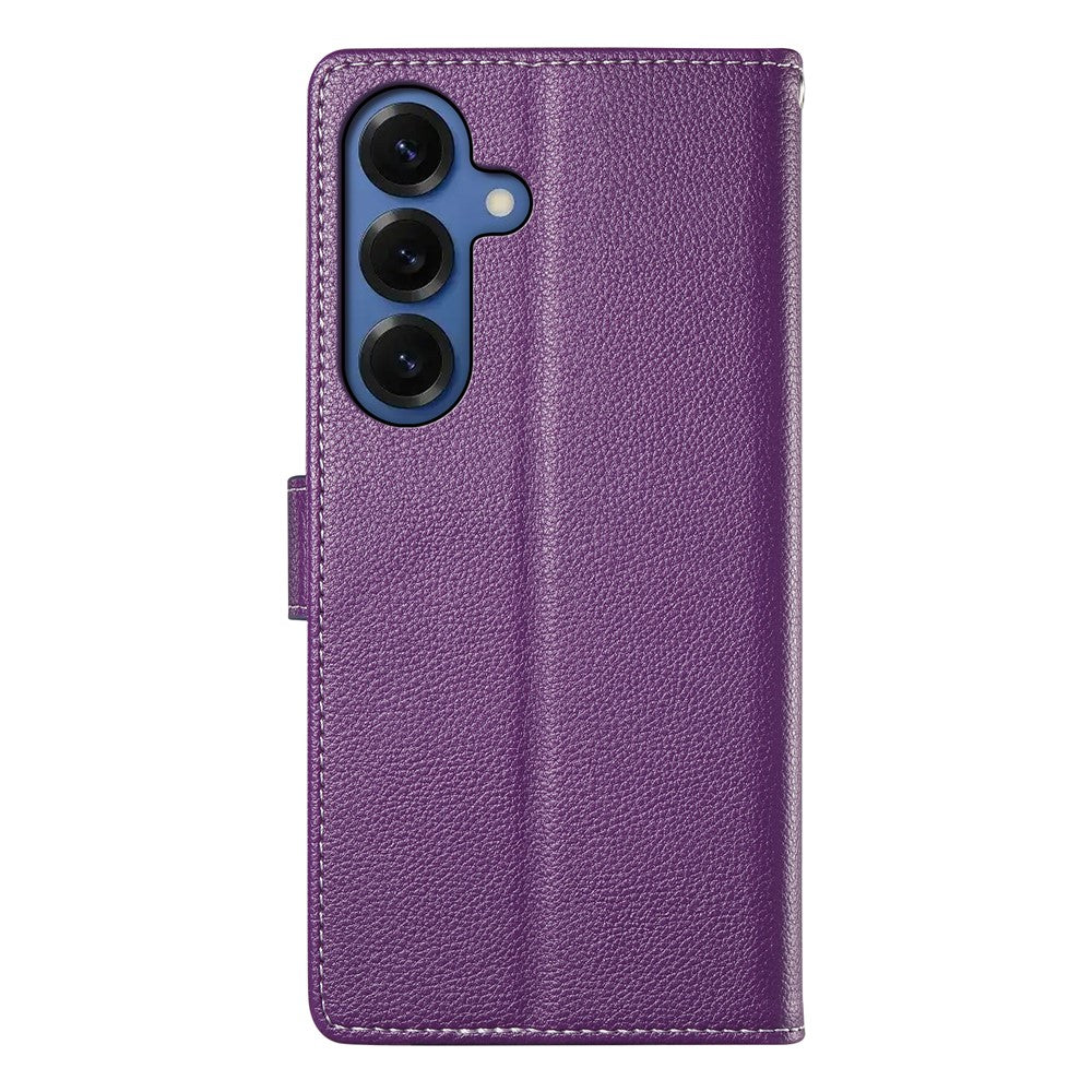 For Samsung Galaxy S26+ Case Magnetic Snap Litchi Texture Leather Wallet Phone Cover with Wrist Strap