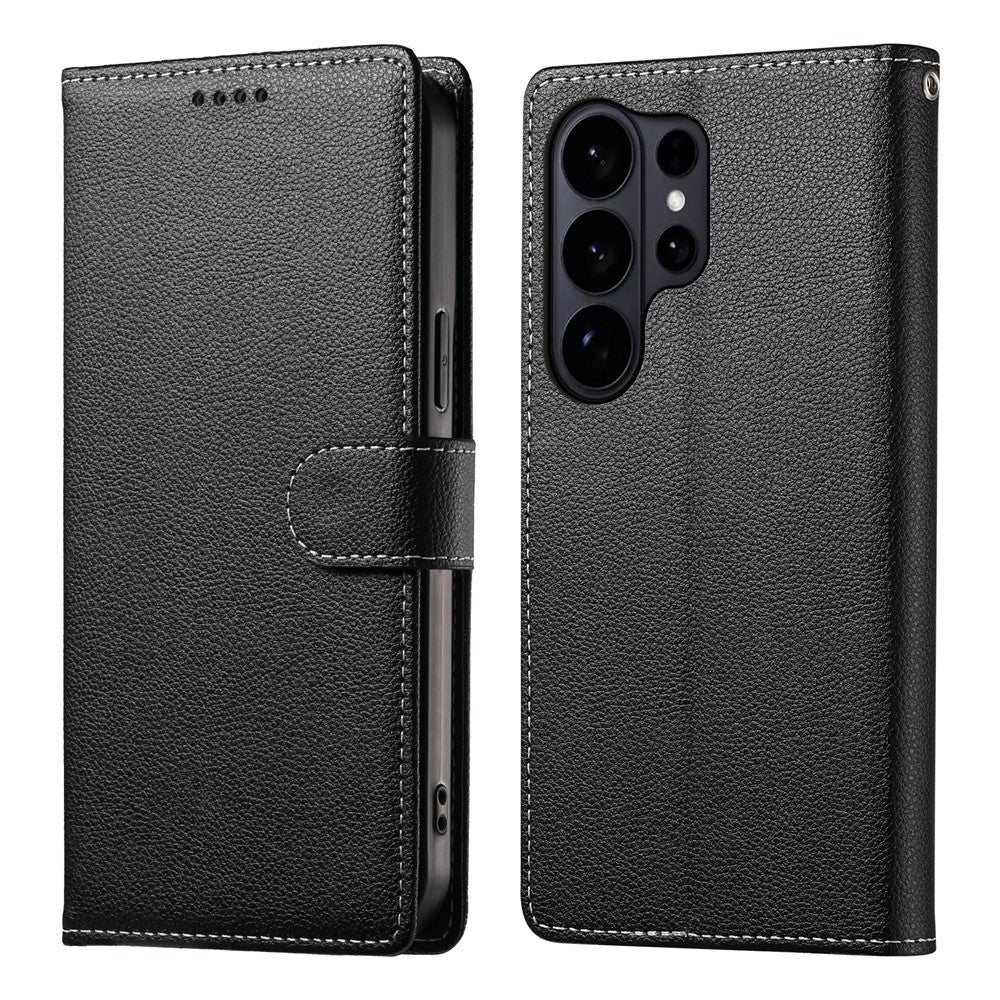 For Samsung Galaxy S26 Ultra Case Magnetic Snap Litchi Texture Leather Wallet Phone Cover with Wrist Strap