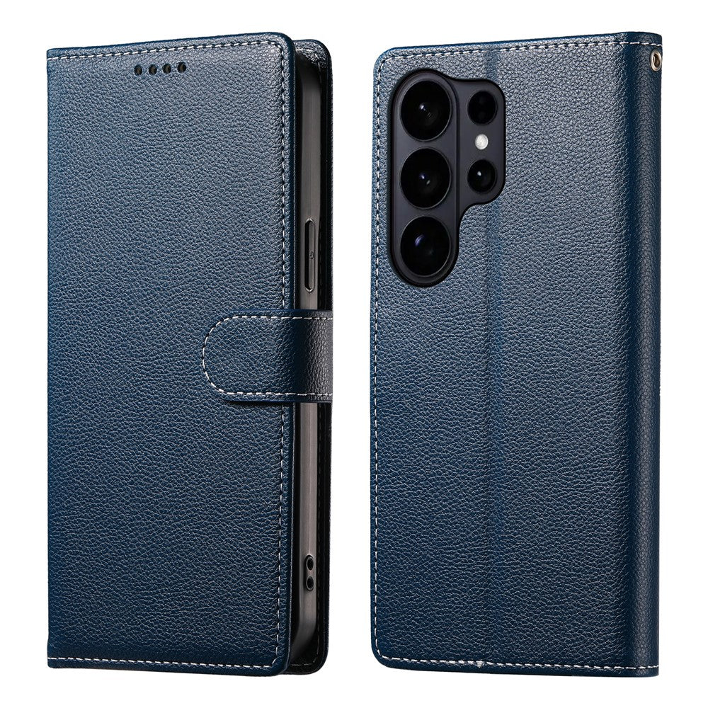 For Samsung Galaxy S26 Ultra Case Magnetic Snap Litchi Texture Leather Wallet Phone Cover with Wrist Strap