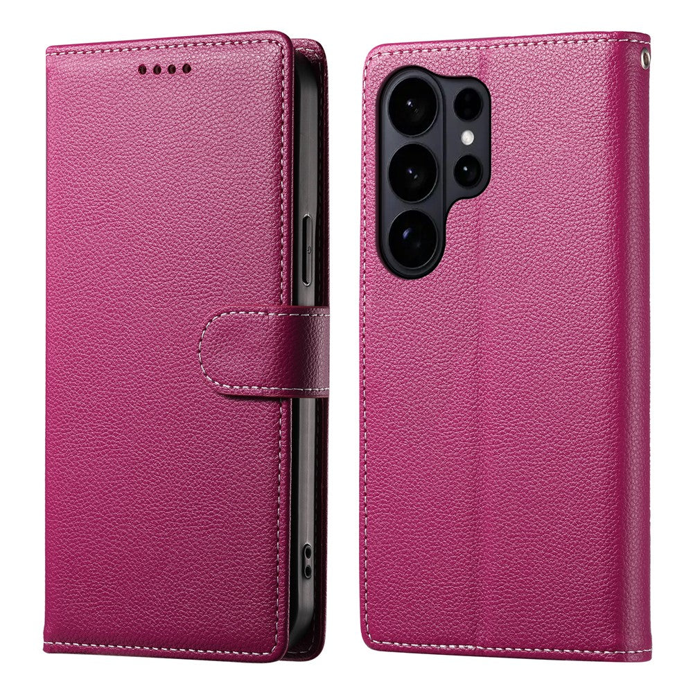 For Samsung Galaxy S26 Ultra Case Magnetic Snap Litchi Texture Leather Wallet Phone Cover with Wrist Strap
