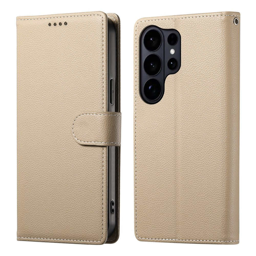 For Samsung Galaxy S26 Ultra Case Magnetic Snap Litchi Texture Leather Wallet Phone Cover with Wrist Strap