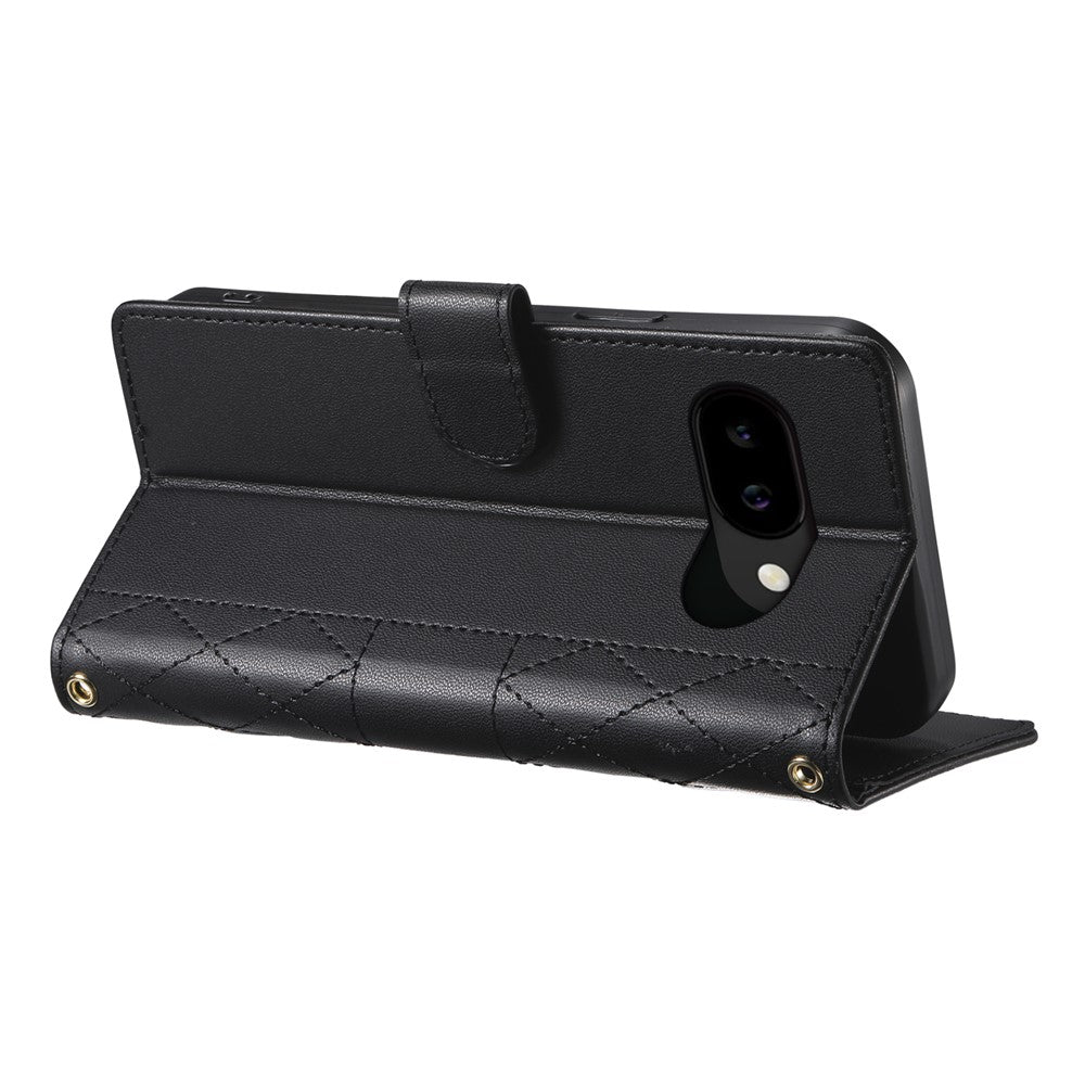 For Google Pixel 10a Wallet Case Rhombus Stitching Stand Leather Phone Cover with Long / Short Strap