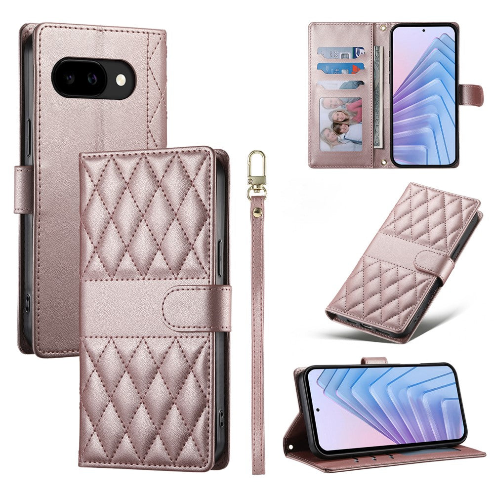 For Google Pixel 10a Wallet Case Rhombus Stitching Stand Leather Phone Cover with Long / Short Strap
