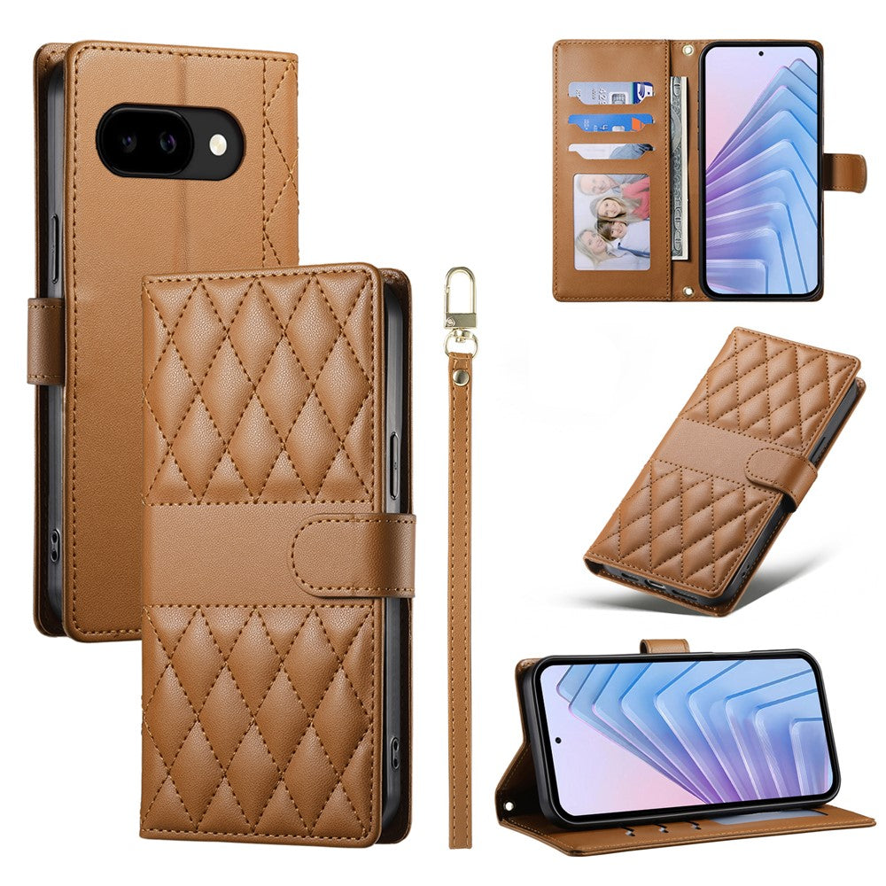 For Google Pixel 10a Wallet Case Rhombus Stitching Stand Leather Phone Cover with Long / Short Strap