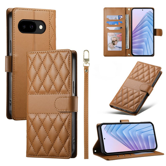 Google Pixel 10a Handyhülle – Brieftaschen- mit Rautennähten, Ständer, Leder- mit langem/kurzem Riemen