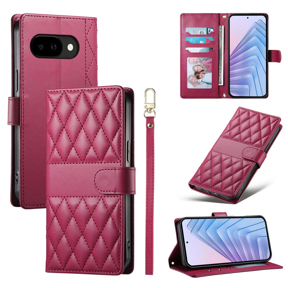 For Google Pixel 10a Wallet Case Rhombus Stitching Stand Leather Phone Cover with Long / Short Strap