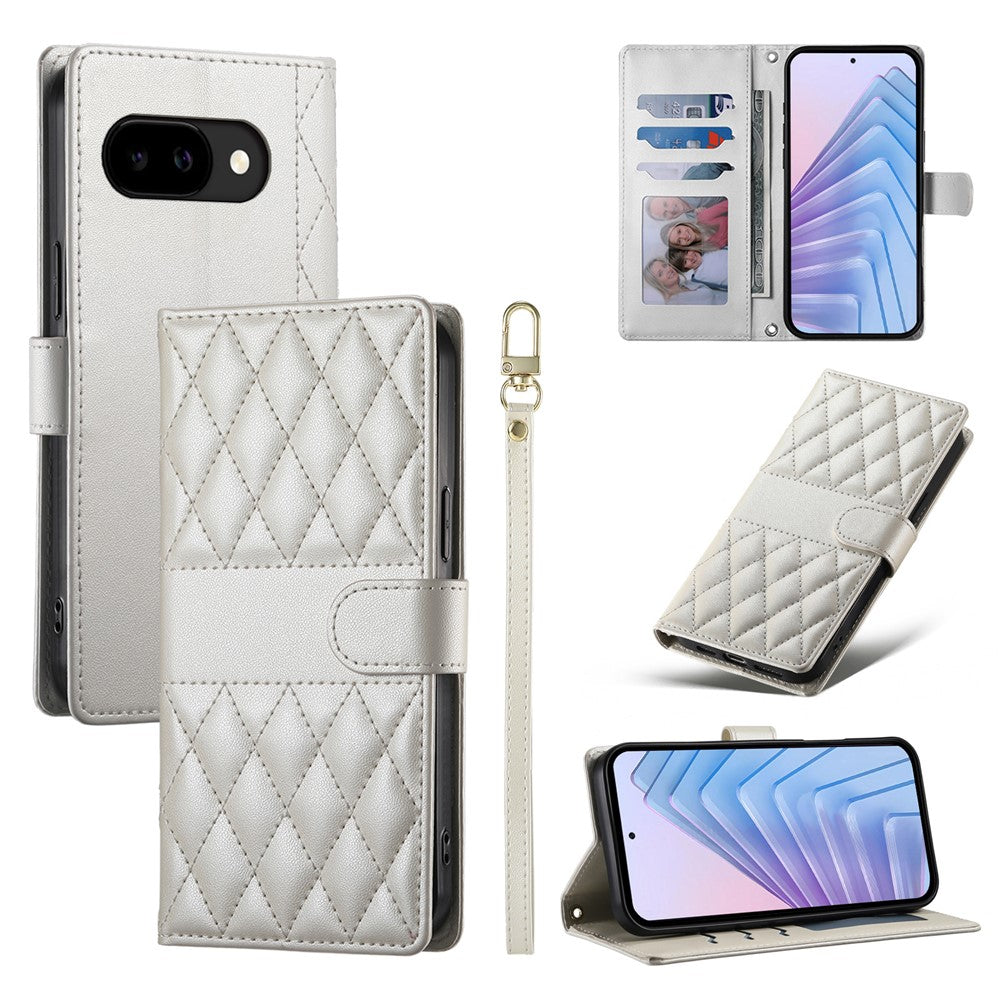For Google Pixel 10a Wallet Case Rhombus Stitching Stand Leather Phone Cover with Long / Short Strap