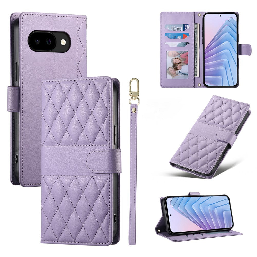 For Google Pixel 10a Wallet Case Rhombus Stitching Stand Leather Phone Cover with Long / Short Strap