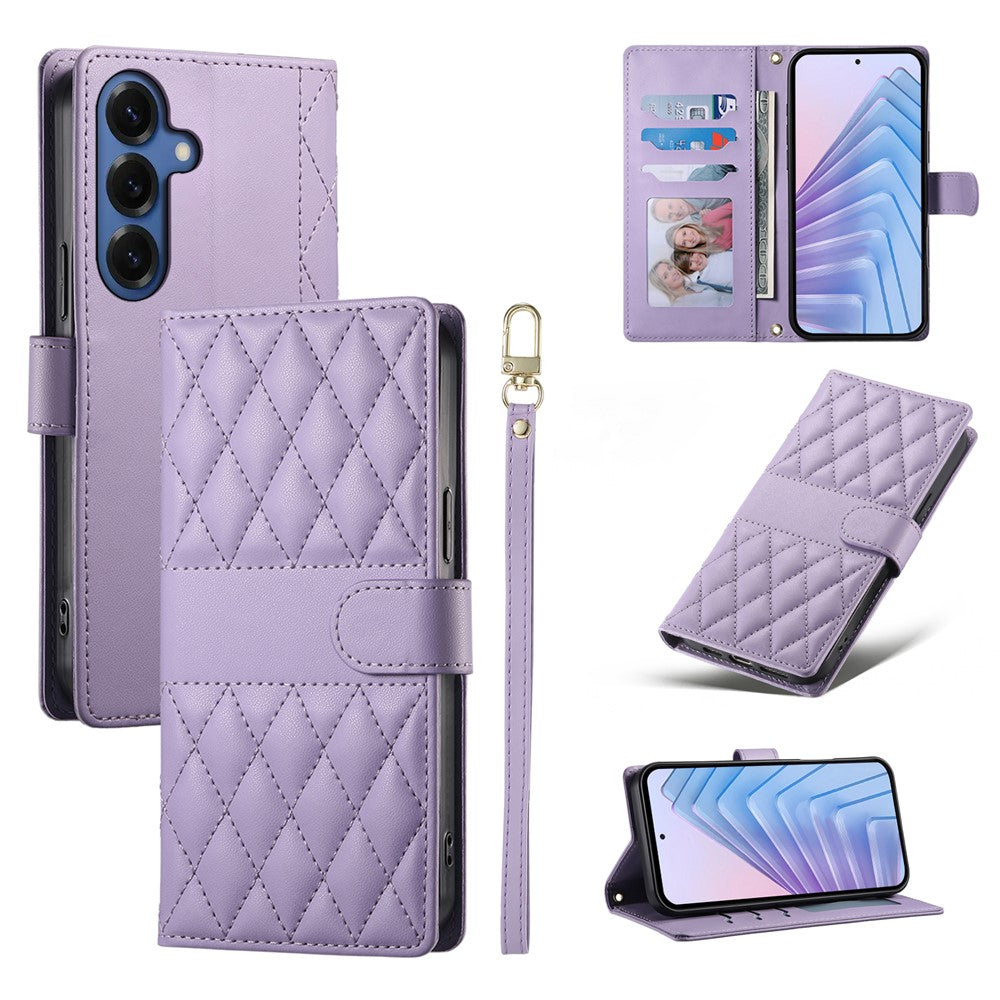 For Samsung Galaxy S26 Wallet Case Rhombus Stitching Stand Leather Phone Cover with Long / Short Strap