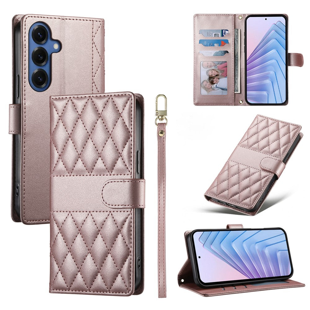 For Samsung Galaxy S26 Wallet Case Rhombus Stitching Stand Leather Phone Cover with Long / Short Strap