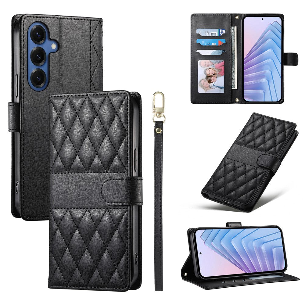For Samsung Galaxy S26 Wallet Case Rhombus Stitching Stand Leather Phone Cover with Long / Short Strap