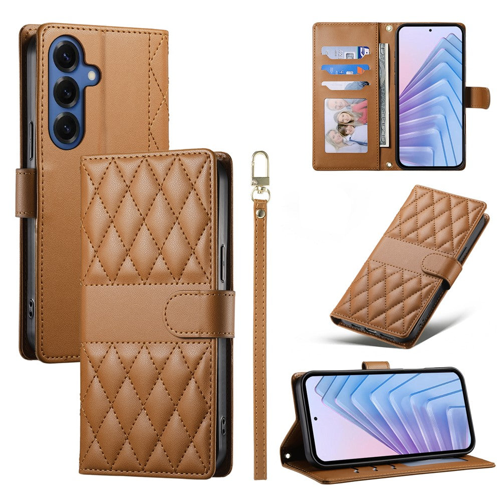 For Samsung Galaxy S26+ Wallet Case Rhombus Stitching Stand Leather Phone Cover with Long / Short Strap