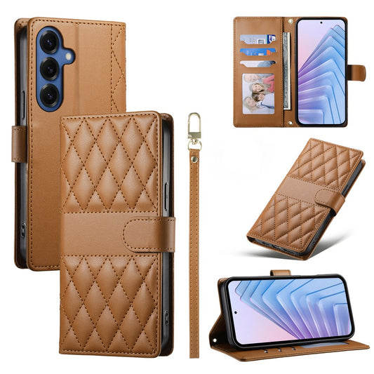 Galaxy S26+ Handyhülle – Brieftaschen- mit Rautennähten, Ständer, Leder- mit langem/kurzem Riemen