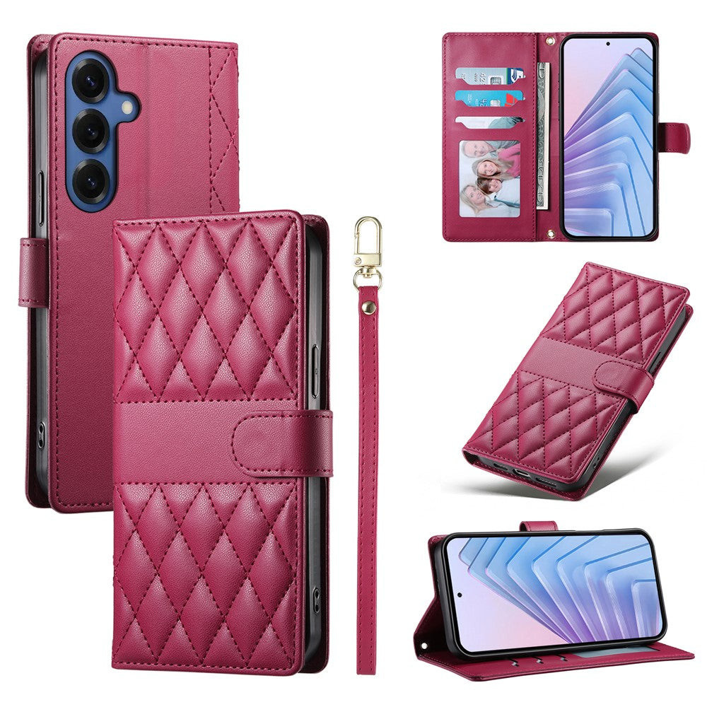 For Samsung Galaxy S26+ Wallet Case Rhombus Stitching Stand Leather Phone Cover with Long / Short Strap
