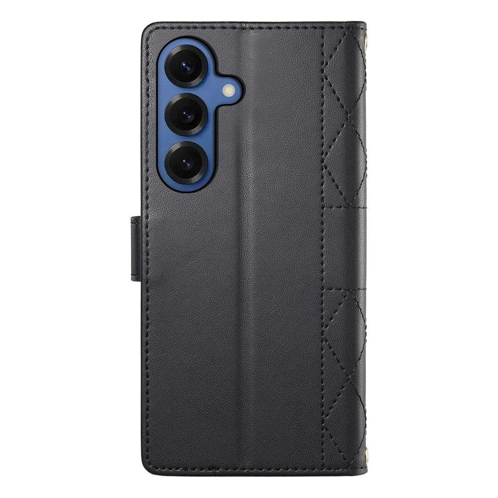 For Samsung Galaxy S26+ Wallet Case Rhombus Stitching Stand Leather Phone Cover with Long / Short Strap