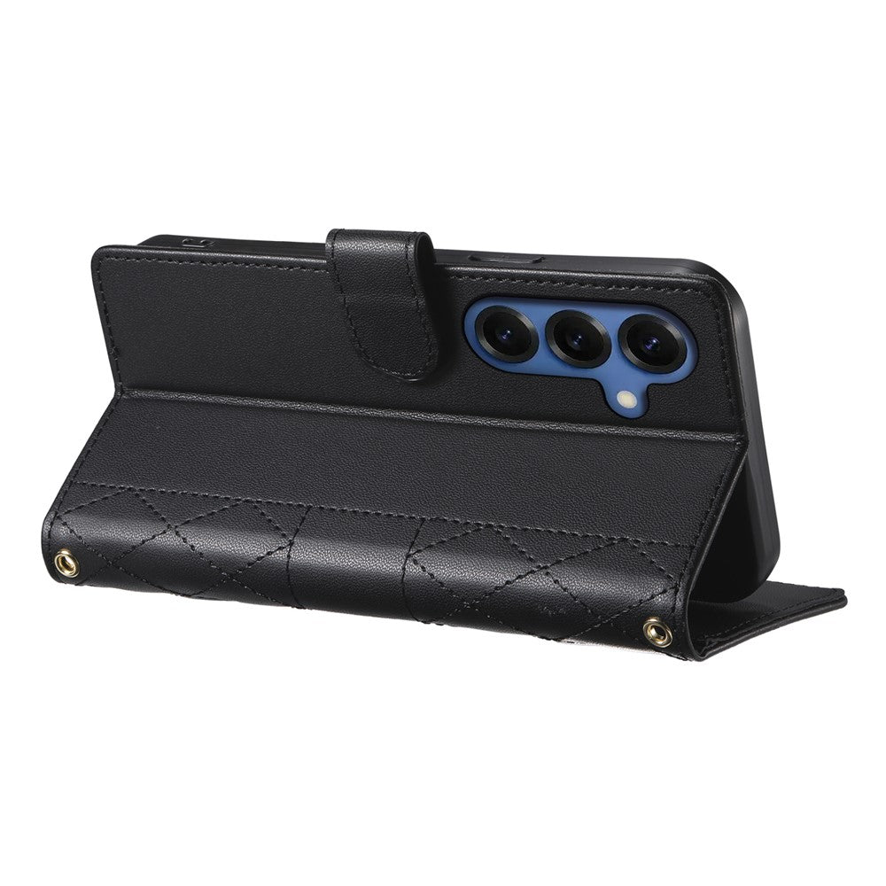 For Samsung Galaxy S26+ Wallet Case Rhombus Stitching Stand Leather Phone Cover with Long / Short Strap