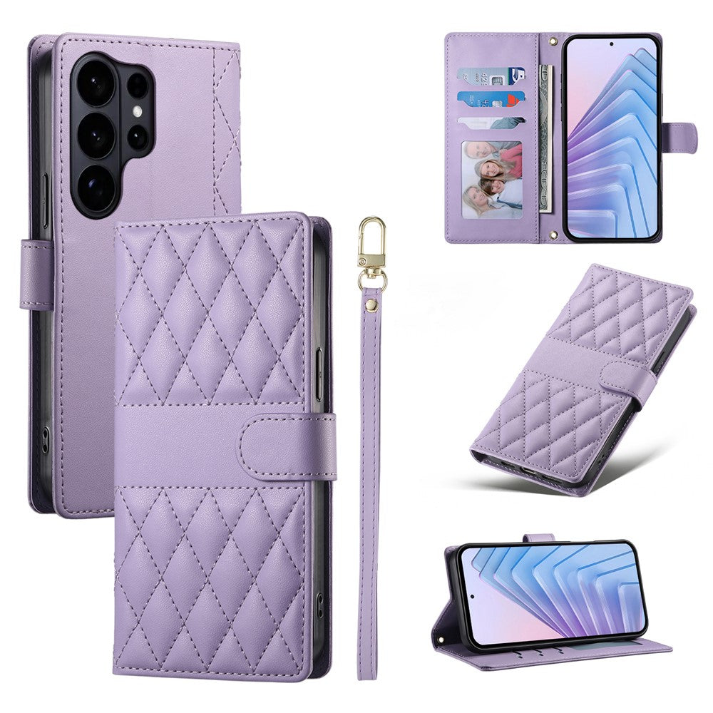 For Samsung Galaxy S26 Ultra Wallet Case Rhombus Stitching Stand Leather Phone Cover with Long / Short Strap
