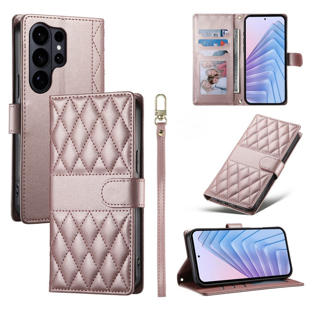 For Samsung Galaxy S26 Ultra Wallet Case Rhombus Stitching Stand Leather Phone Cover with Long / Short Strap
