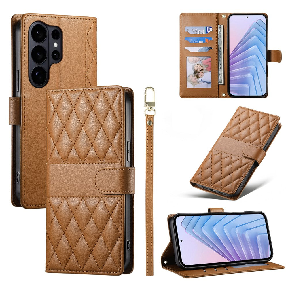 For Samsung Galaxy S26 Ultra Wallet Case Rhombus Stitching Stand Leather Phone Cover with Long / Short Strap