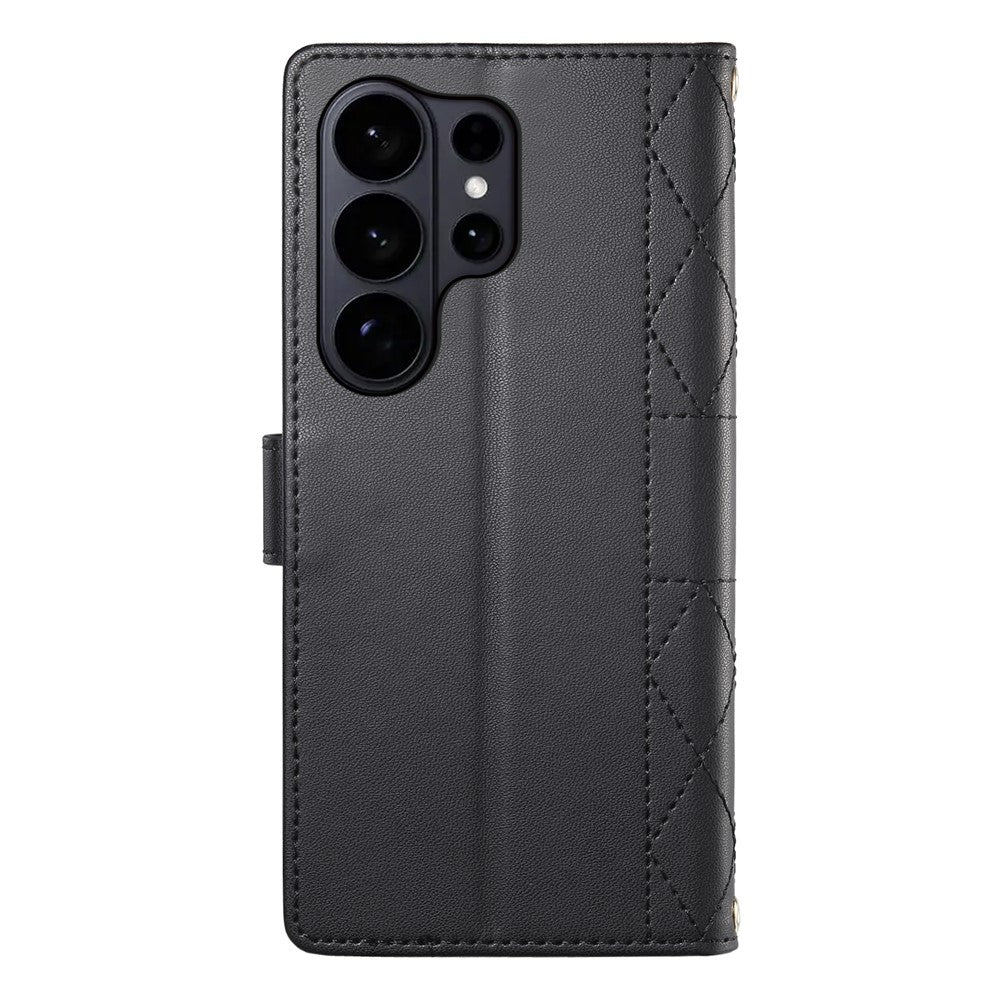 For Samsung Galaxy S26 Ultra Wallet Case Rhombus Stitching Stand Leather Phone Cover with Long / Short Strap